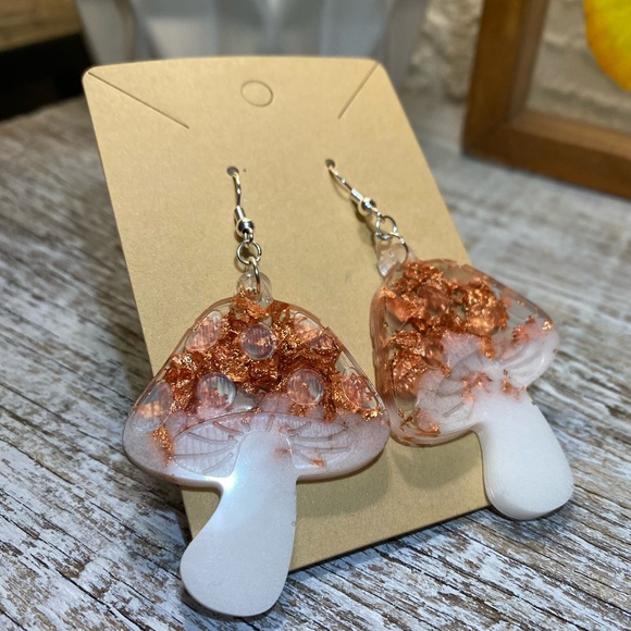 Mushroom Earrings - Copper and White Amanita - Picture 8 of 11